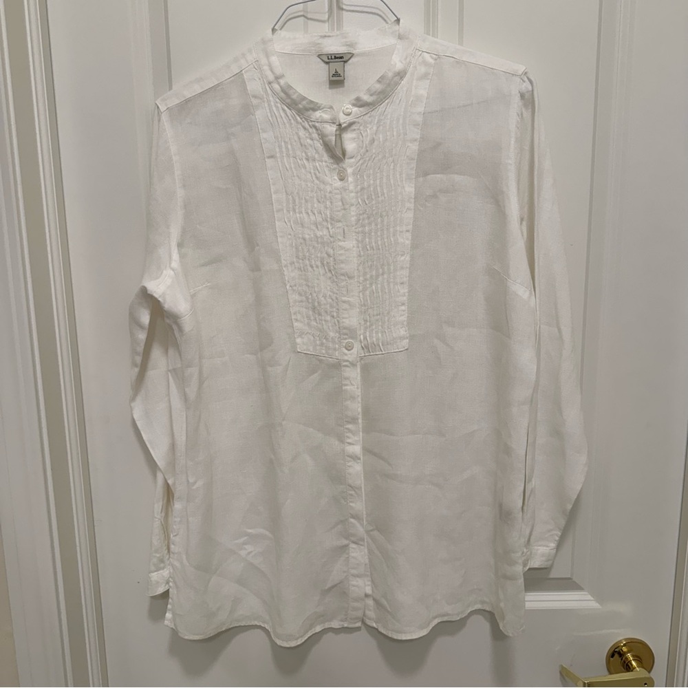 L.L. Bean Women 100% Linen Tuxedo Bib Band Collar Shirt Blouse Size L, White